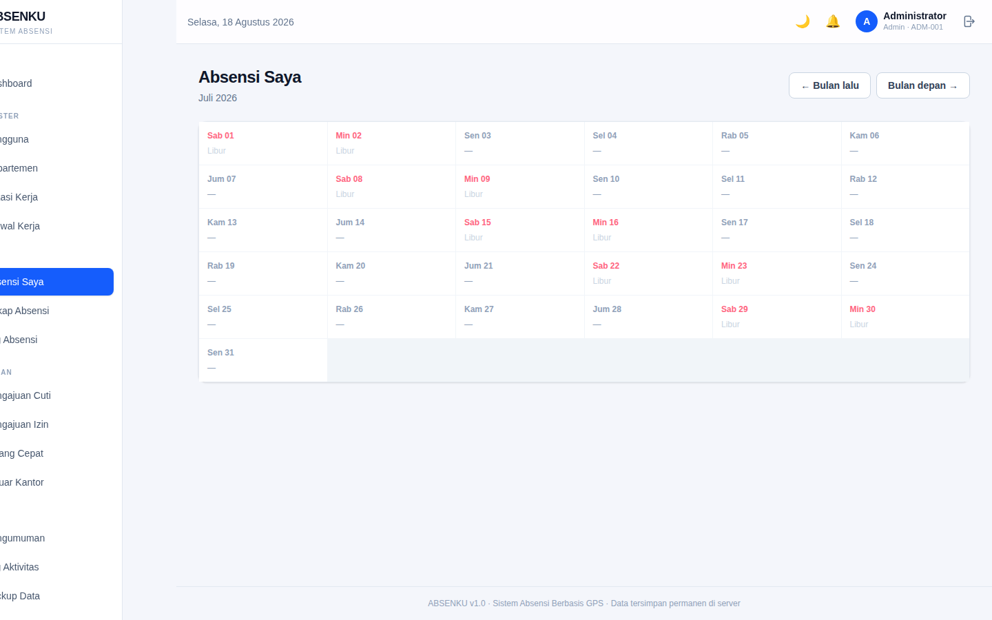 ABSENKU attendance page — GPS check-in/check-out panel