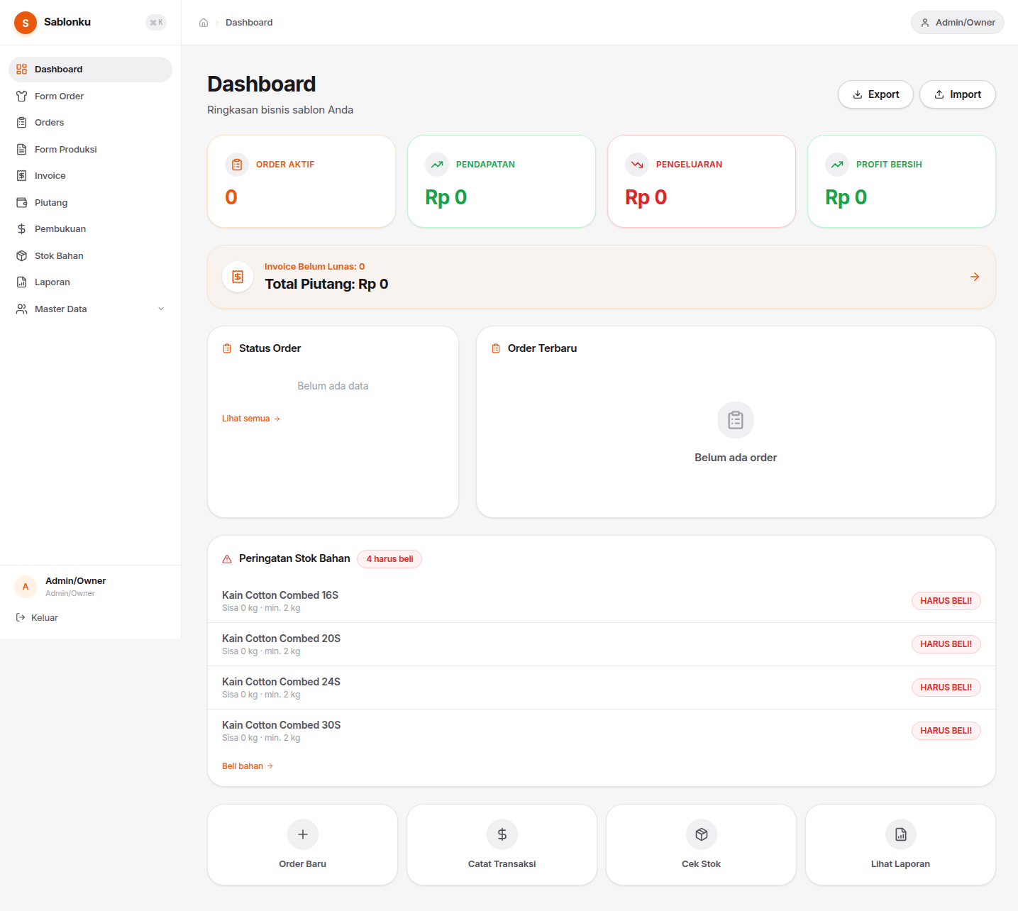 SABLONKU dashboard — summary cards, charts and receivables overview