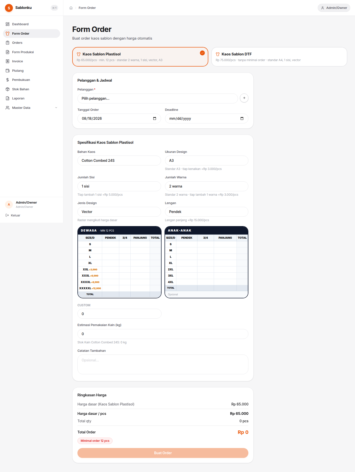SABLONKU order form with live plastisol/DTF price calculator